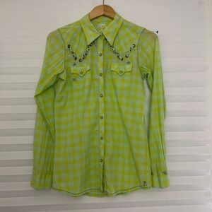 Rock 47 by Wrangler Womens Western Snap Shirt Gingham Green Blue Lurex Medium